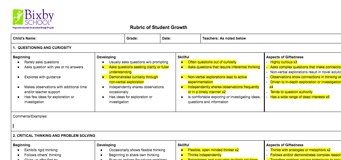 analytic rubric example for elementary